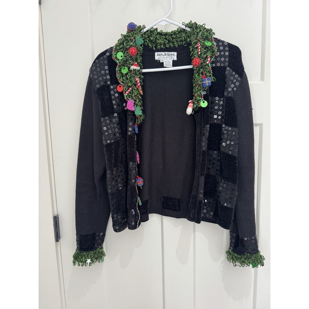 Jack B Quick Ugly Christmas Sweater Tacky Cardigan Holiday Beaded Frilly 3D Knit